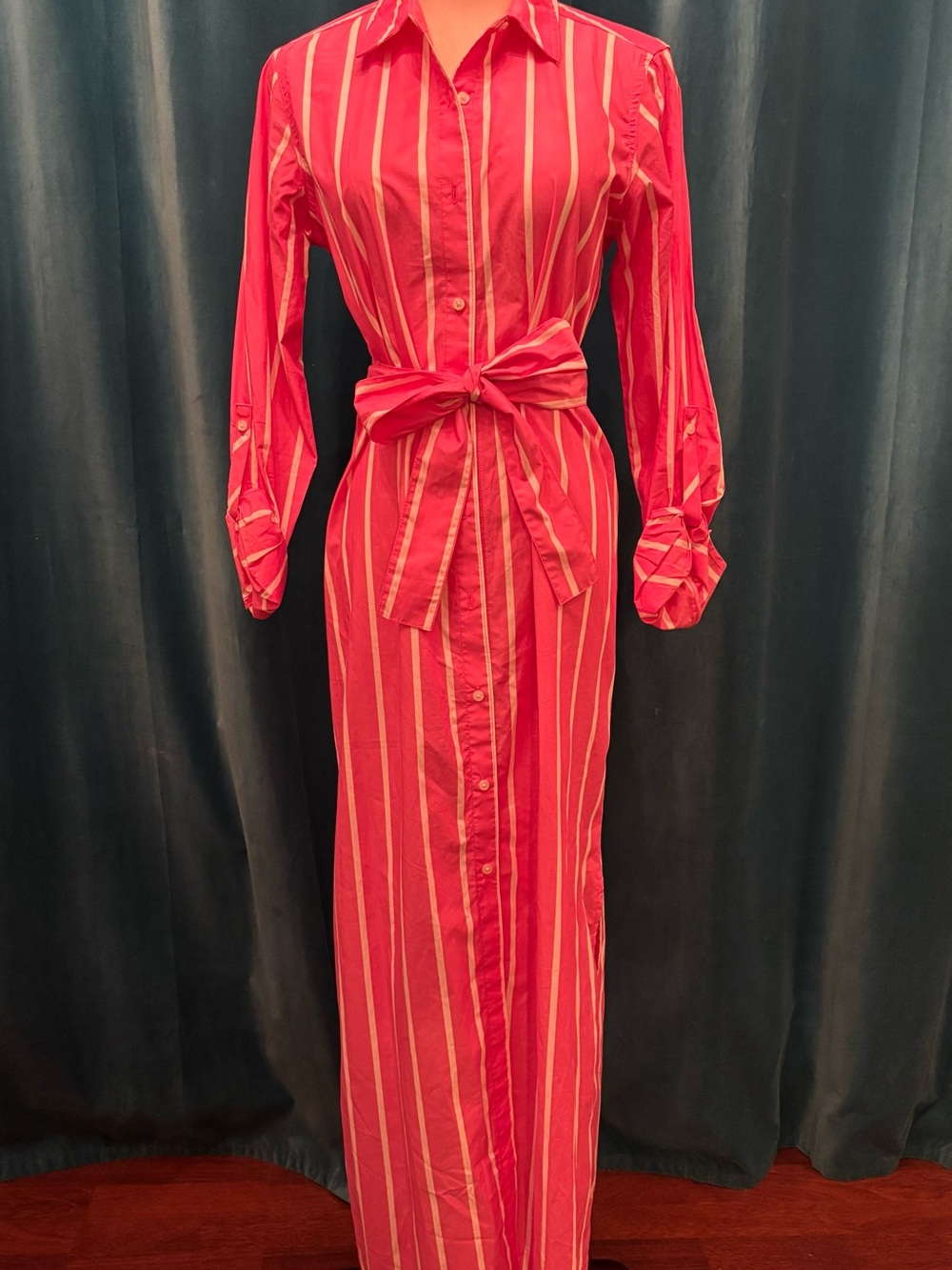 Women's Pink Striped Shirt Dress with Waist Tie